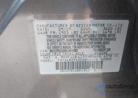 2019 Nissan Kicks S z USA, uszkodzony, nr VIN 3N1CP5CU8KL561902